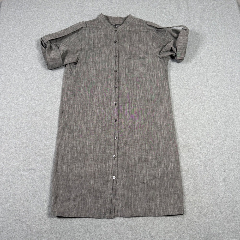 Vince Gray Cotton Mandarin Collar Roll Tab Sleeve Button Down Shirt Dress S